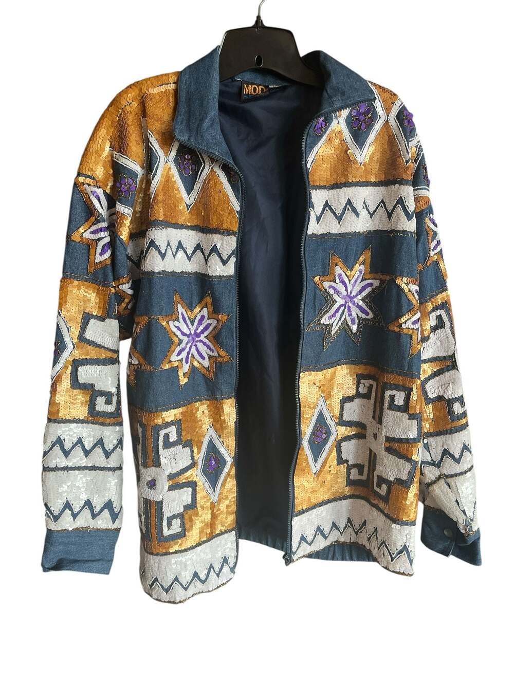 Modi Denim Vintage Sequin Aztec Southwestern Zip Jacket Gold Purple White